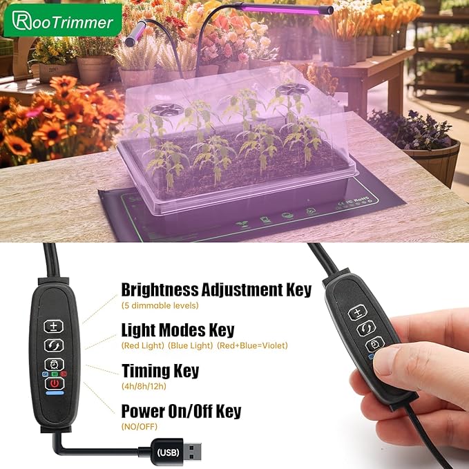 4 Sets Seed Starter Trays with Grow Light, 4pcs Seed Starter Tray with 4 Adjustable LED Plant Lights, Seed Starting Trays with 5'' Humidity Dome Lid, Flexible Light with 20 Lamp Beads/Bar for Seedling