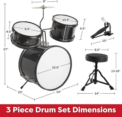 Kids Drum Set - 3-Piece Drum Kit with Cymbal, 2 Toms, Bass Drum and Pedal, Drumsticks, and Throne - Beginner Musical Instruments by Hey Play (Black)