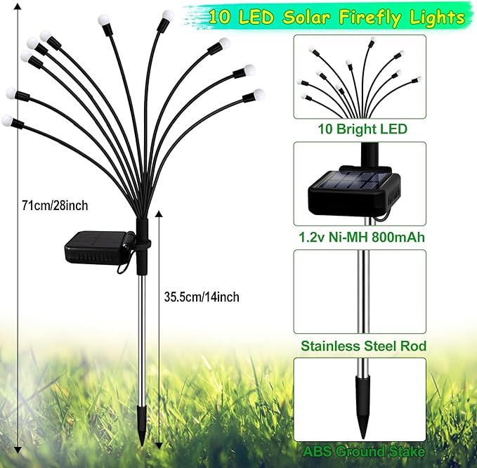 Solar Garden Lights Outdoor, 6 Pack 60 LED Green Firefly Lights Waterproof, Sway by Wind, Solar Swaying Light for Yard Patio Backyard Garden Planter Flower Bed Pathway Outdoor Decoration