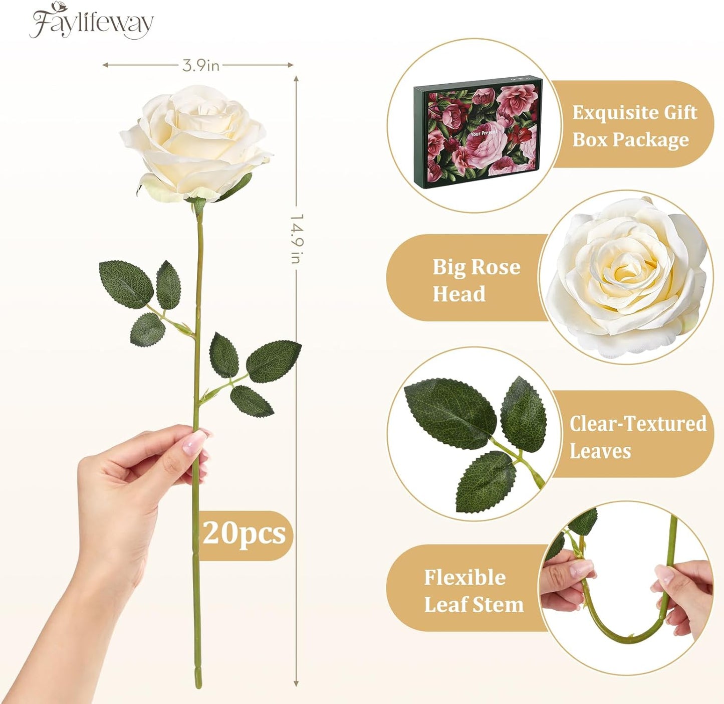 20PCS Artificial Roses Flowers, 3.9'' Silk Flower Head Fake Champagne Rose with Long Stems, Realistic Faux Roses Bouquet for DIY Wedding Home Party Office Decoration