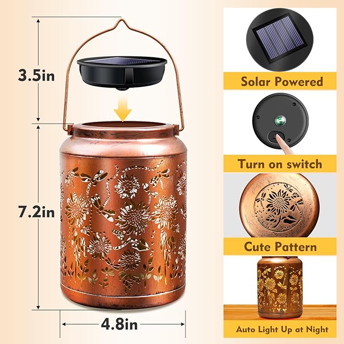 Hyrion Sunflower Solar Lanterns Outdoor Waterproof Metal Hanging Lights, Garden Decor Gifts for Women, Mom, Grandma Solar Decorations for Yard, Patio, Backyard, Porch, Lawn, Walkway, Tabletop