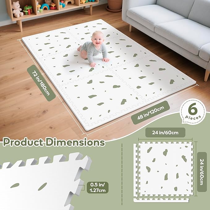 Baby Foam Play Mat-72”x 48” Baby Playmat,6-Piece Interlocking Foam Floor Tiles,Waterproof Crawling Mat,Puzzle Mat for Infants and Toddlers,Non Toxic Play Mat for Baby Tummy Time Mat(Spot)