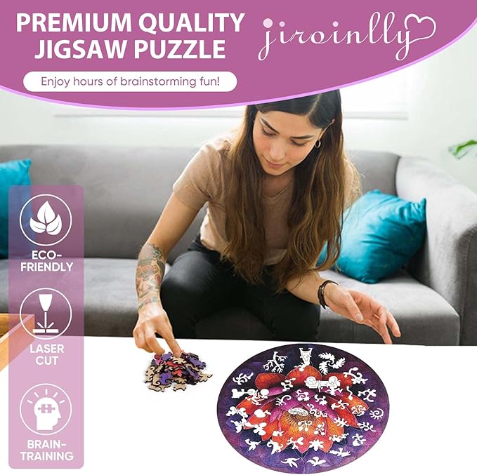 Jiroinlly Flower Wooden Puzzle for Adults, Round Mandala Color Challenge Jigsaw Puzzles 500 Piece, Family Reunion Puzzle for Adults and Kids, Best Gift for Family Friends Royal 16.5x16.5in