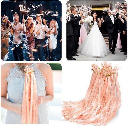 100 Pieces Wedding Ribbon Sticks Wands with Bell, Pink Champagne Ribbon Streamer Silk Fairy Wand for Wedding Send Off Idea, Bridal Shower and Ceremony Exit Event