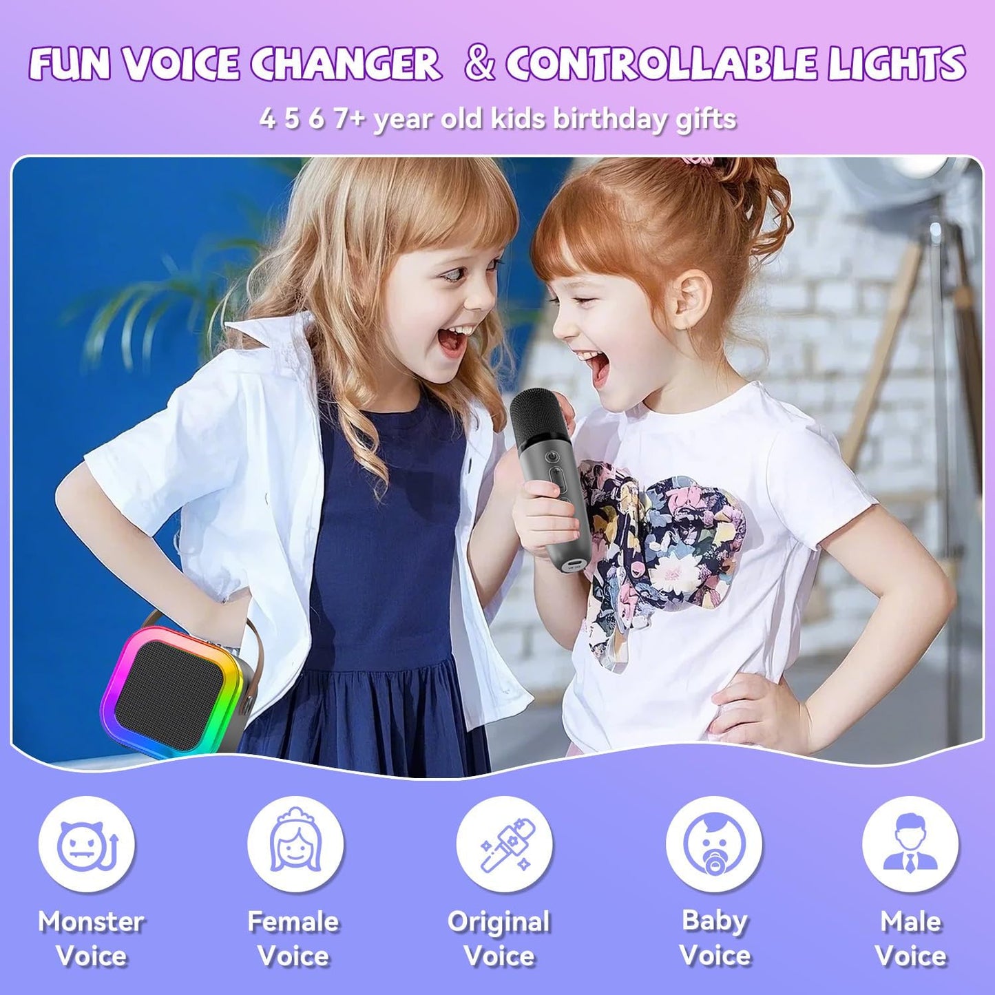 【2025 Newest】 Mini Karaoke Machine for Kids Girls & Boys - Portable Bluetooth Speaker with 2 Wireless Microphones - Kids Birthday Gifts for Ages 4-10 - Kids' Instrument Accessories - Space Gray