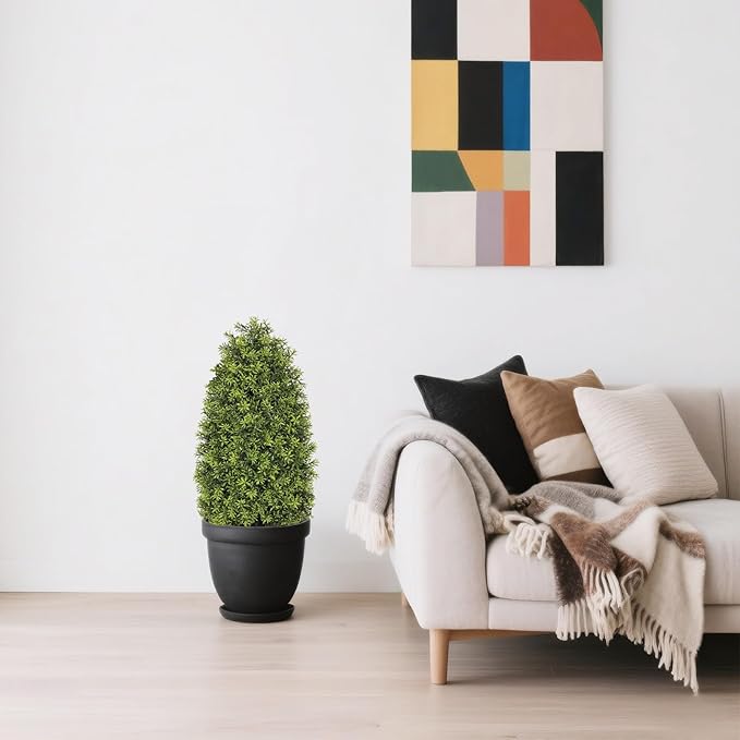 3ft Artificial Boxwood Topiary Trees (Set of 2) - UV Resistant Faux Plants for Outdoor/Indoor, Realistic 36in Fake Bushes and Shrubs for Front Porch, Planter, Patio - Low Maintenance & Evergreen