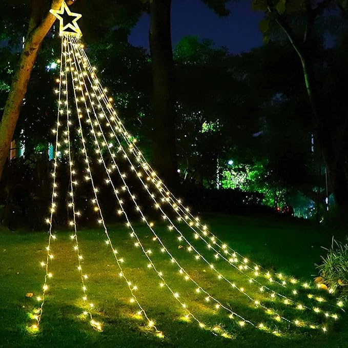 Christmas Decorations Star String Lights, 320 LED Waterfall Tree Lights with 13" Topper Star 8 Lighting Modes Indoor Outdoor Decorative for New Year, Holiday, Wedding, Party