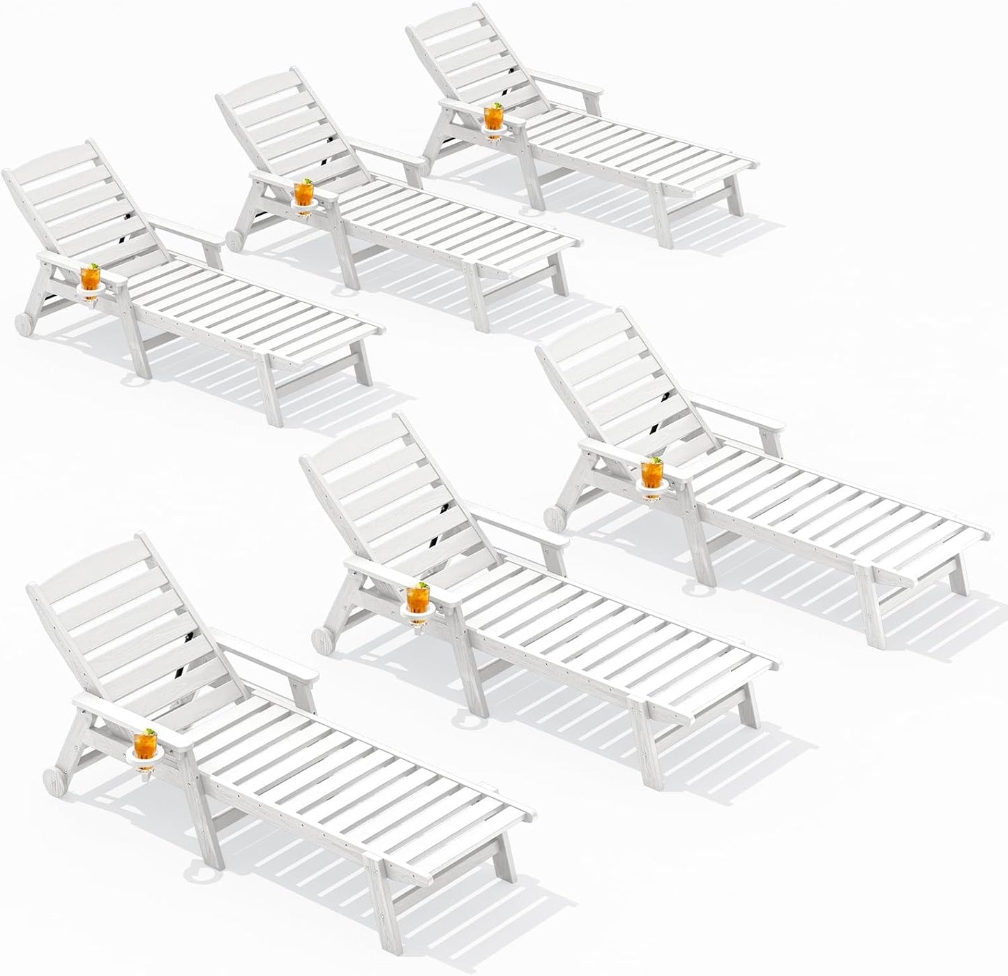 SERWALL Patio Chaise Lounge Chair Set of 6, 5 Positions Adjustable Poly Outdoor Lounge Chair for Pool, HDPE Lounge Chair with Rolling Wheels & Cup Holder for Poolside, Deck, White