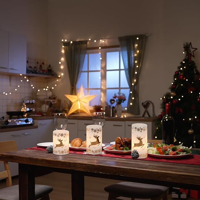 KunSween Christmas Flameless Candles with 6H Timer, 3 Pack LED Flickering Candles with Gold Deer Decals and Real Wax, Christmas Winter Decorations for Home Indoor Table Centerpieces