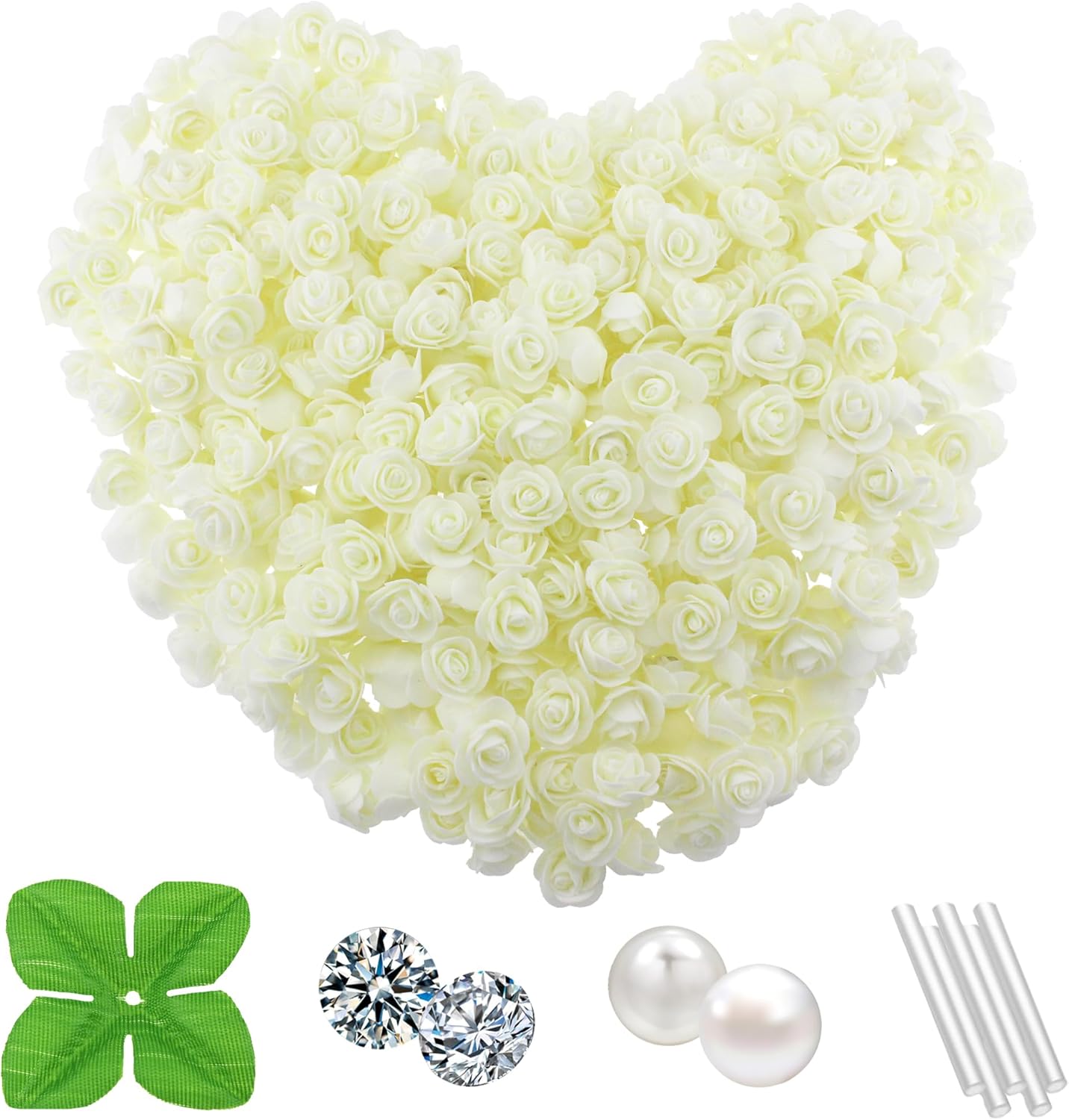 500 Pcs 1.4 Inch Mini Artificial Flowers Head Bulk 5 in 1 Set Faux Foam Fake Small Rose Tiny Baby Flores Bouquet Cake Gift Home Decoration DIY Craft (Ivory)