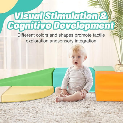 6-Piece Soft PU Leather Toddlers Climbing Toys, Baby Foam Climbing Blocks for Toddlers 3, Indoor Climb and Crawl Activity Play Set, Foam Play Gym Climbing Structures (Orange and Green)