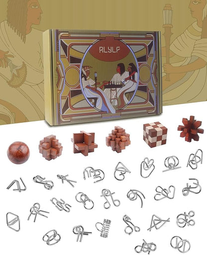 30pcs Brain Teaser Puzzles Game for Adults and Kids Ancient Wooden and Metal Puzzles 3D Educational Toys IQ Logic Train Family Games Party Favor Coffee Time Unlock Interlock Puzzles Box