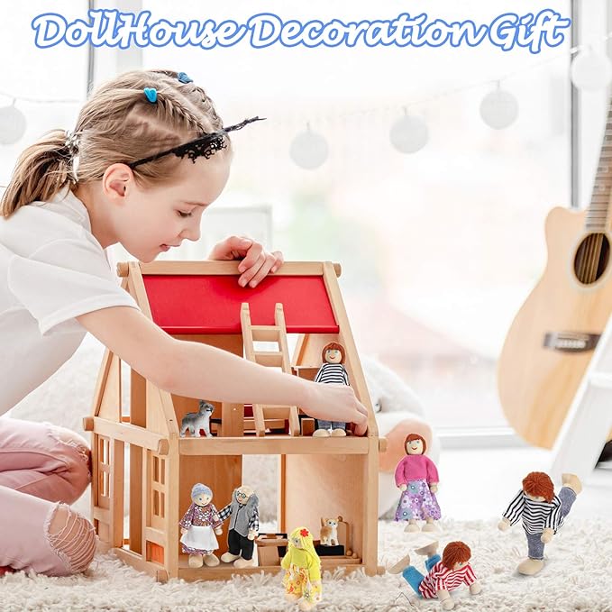 Skylety 10 Pcs Wooden Dollhouse Set of Mini People Figures Dollhouse Dolls Wooden Doll Play Figures Accessories(Classic Style)