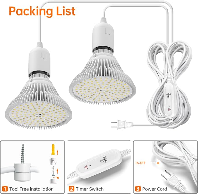 Hanging Grow Light for Indoor Plants, One Cord Double Head, 50W (25W X 2) Full Spectrum, White Led Plant Light Bulb with timer for Tall Plant, Pendant or Ceiling Installation, 16.4FT Power Cord