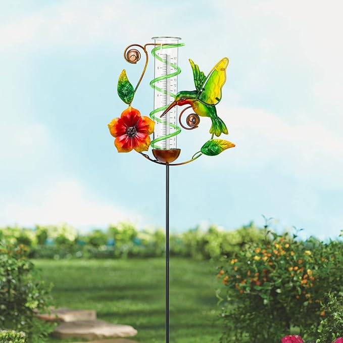 BAYN 36.3” Rain Gauge Outdoor Solar Powered 10 LEDs 7” Tube Garden Hummingbird Metal Decorative Stake with Waterproof Large Glass Tube Rain Guage for Yard, Garden, Patio, Lawn