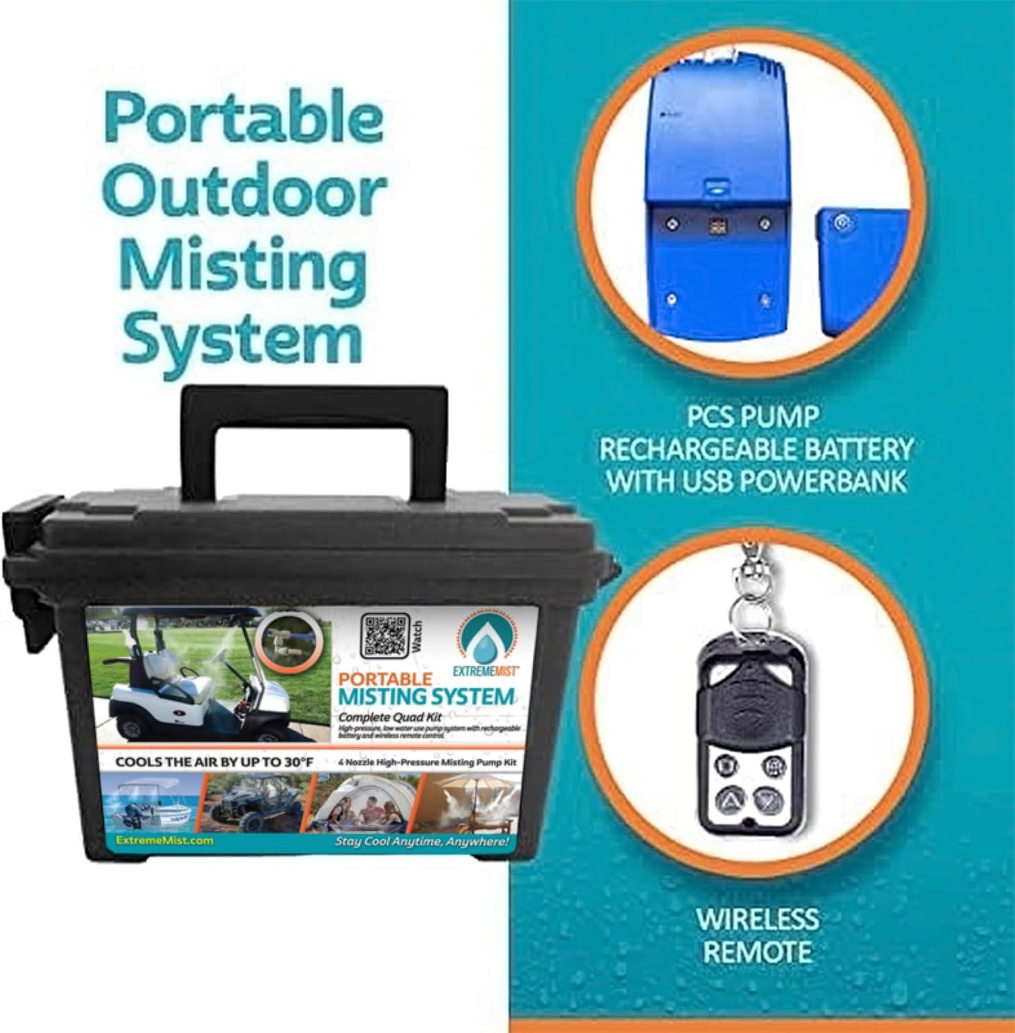 Professional Grade Portable Misting System - 4 Mist Nozzles | Pump | Easy to Setup | 16 ft. Mist Line for Outdoor Patios, Golf Carts, Greenhouses, Canopy and Decks - Cools The air up to 30°F (17°C)!