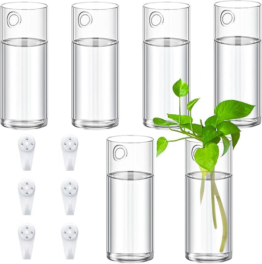 Baderke 6 Pcs Glass Wall Vase for Plants Indoor Hanging Propagation Planter Container Holder with Plastic Invisible Traceless Hangers Hydroponic Plant Succulent Garden Wedding Decor
