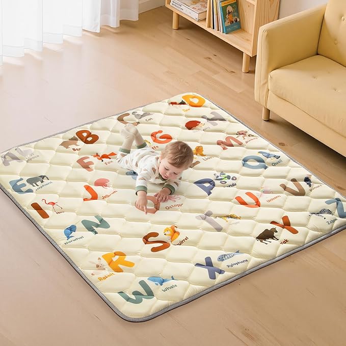 Baby Play Mats for Floor - 50x50 Playpen Mat - Cushion Play Mat for Babies and Toddlers Infants - Foam Play Mat Non-Slip & Machine Washable - Animals Alphabet Design