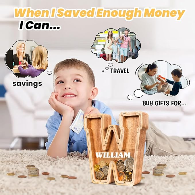 KMC Wooden Letter Piggy Bank, Personalized Initial Piggy Bank for Kids Boys, Clear Alphabet W Wood Money Box, Unbreakable Coin Saving Jar, Birthday, for Children