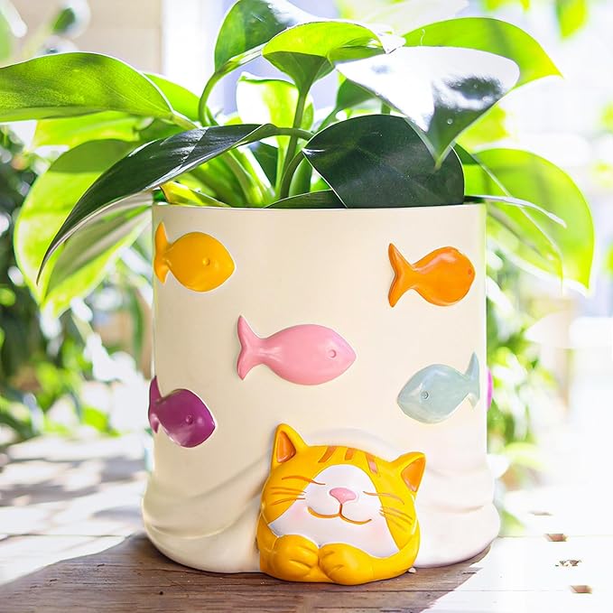 GUGUGO Cute Cat Plant Pots, Colorful Unique Succulent Pots with Drainage, Funny Decorative Animal Planters for Indoor Plants, Vintage Aesthetic Decoration Funky Eclectic Accent Piece Gift