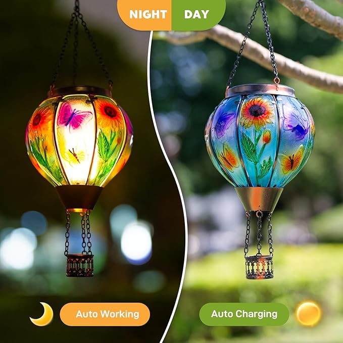 Hot Air Balloon Solar Lantern, Butterfly Solars Powered Hot Air Balloon Lantern Outdoor Waterproof, Glass Hanging Hots Air Balloons Solar Light for Outdoor Patio Garden Decor