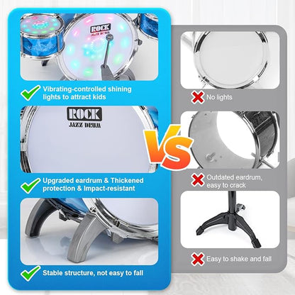 Kids Drum Set for Toddlers with 5 Jazz Drum Kit & Lights (Vibrating-Controlled) & Alloy, Musical Instruments Toys, Boys Gifts for Aged 1-3 3-5