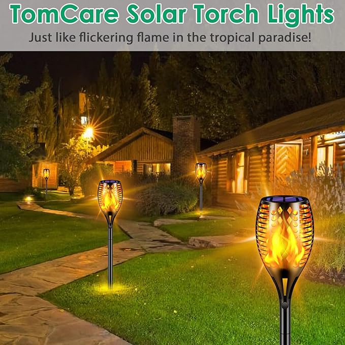 TomCare Solar Lights Upgraded, 43" Waterproof Flickering Flames 96 LED Torches Lights Outdoor Solar Landscape Decoration Lighting Dusk to Dawn Auto On/Off Pathway Lights for Garden Patio Driveway (4)