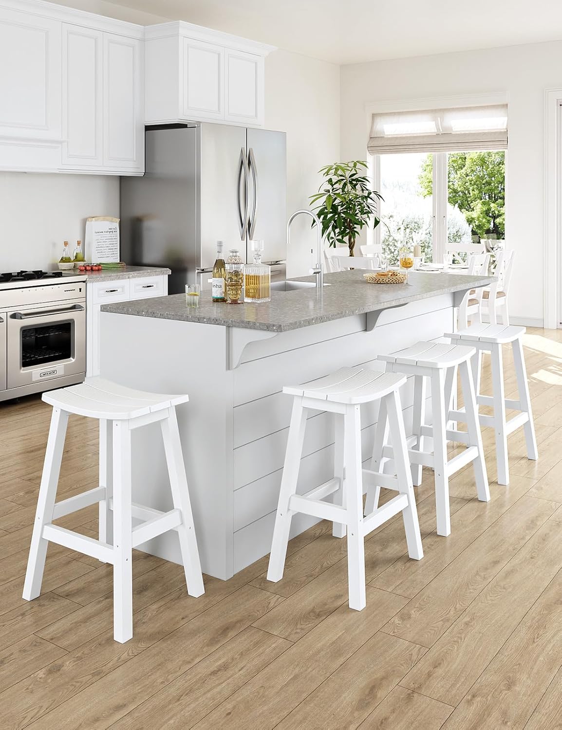 Weatherproof Bar Stools Set of 4, 28" Height Outdoor Bar Stools Holds up to 400 lbs, Saddle Seat, Bar Height Stools for Patio, Garden, and Kitchen Island, White