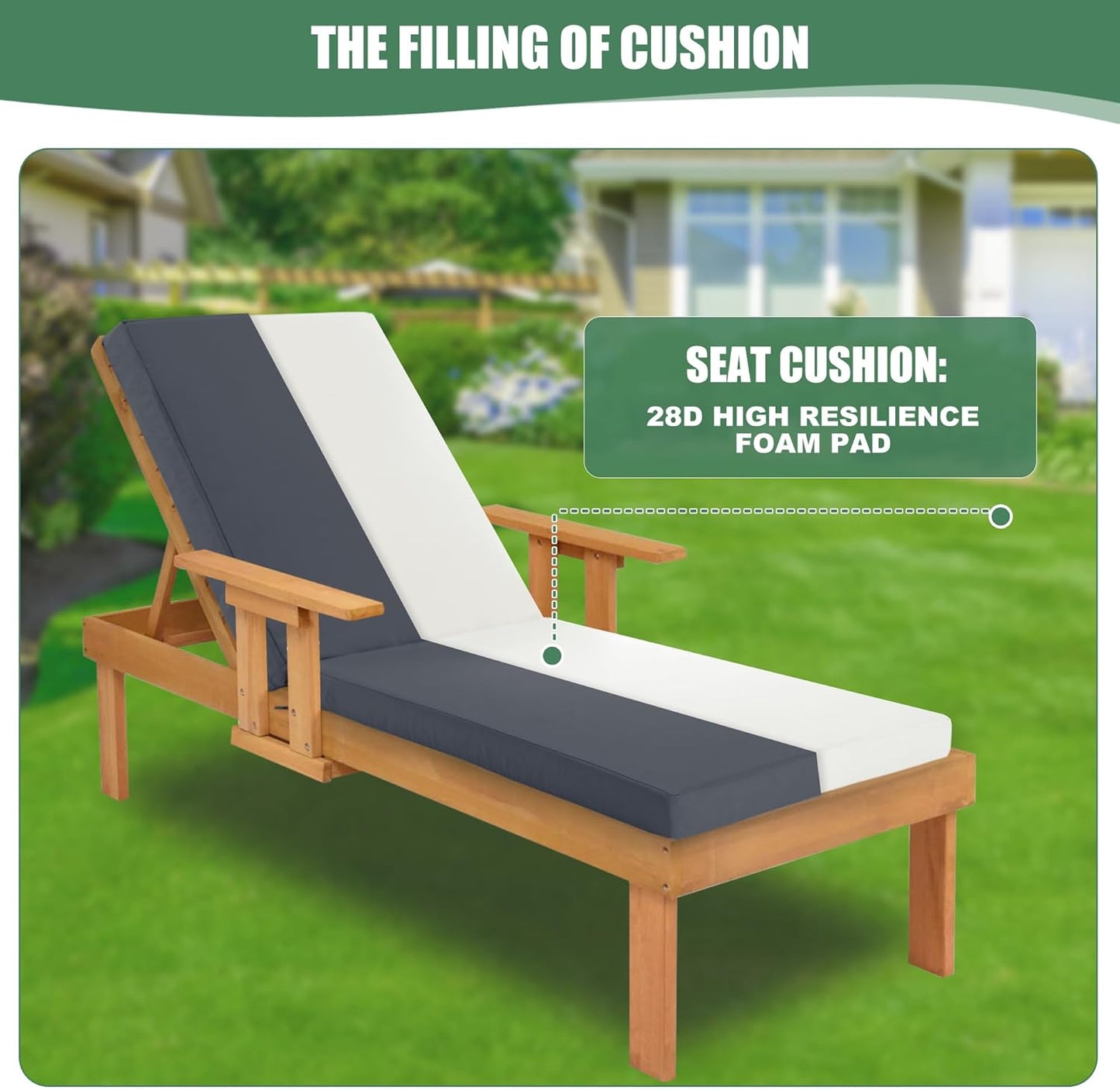 Chaise Lounge Cushions Outdoor - Waterproof and Fade Resistant Sun Lounger Replacement Cushions - Patio Lounger Pads with Removable Cover for Pool, Deck, Lawn, 72 x 21 x 3 Inch, Dark Grey