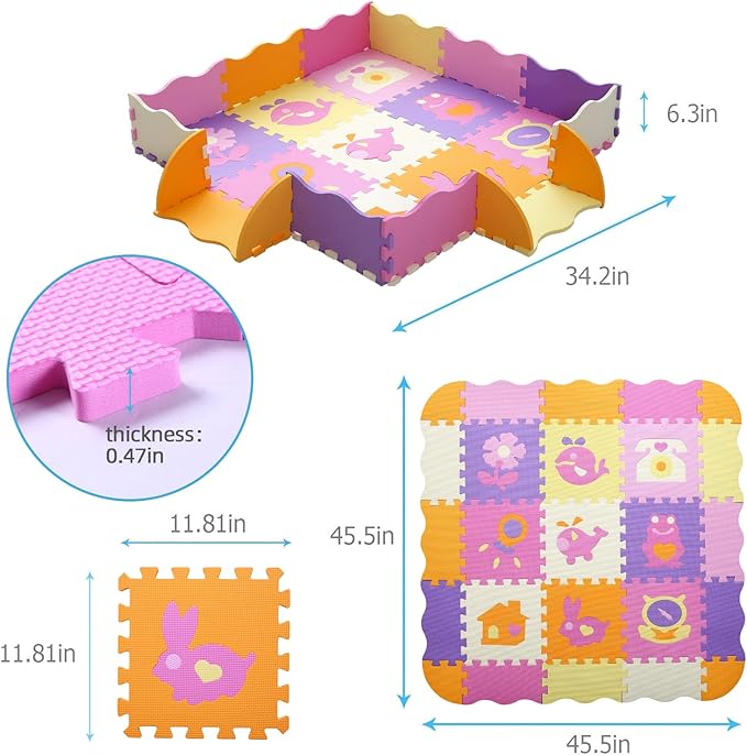 Foam Play Mat for Kids，25Pcs Square Interlocking Puzzle Floor Mat，Baby Play Mat Floor Mat Foam Puzzle Playmat for Toddlers with Fence - 9 Different Animal