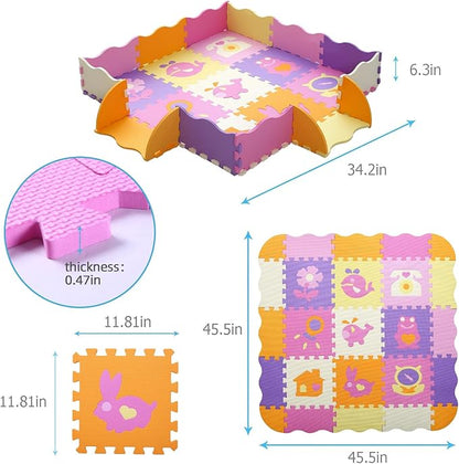 Foam Play Mat for Kids，25Pcs Square Interlocking Puzzle Floor Mat，Baby Play Mat Floor Mat Foam Puzzle Playmat for Toddlers with Fence - 9 Different Animal