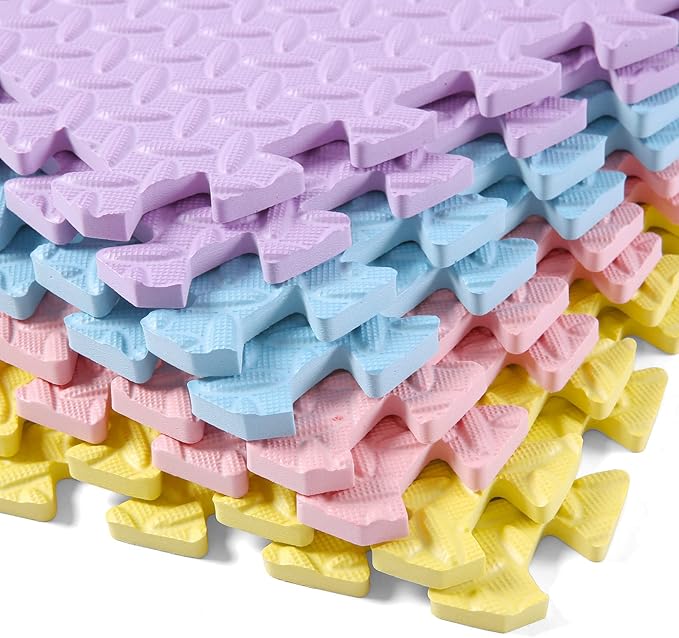 Foam Play Mat for Baby, EVA Non-Toxic Interlocking Floor Mats, Solid Colored Foam Puzzled Floor Mats, Baby Play Mat Exercise Mats, 16 Tiles(Pink/Purple/Yellow/Light Blue)