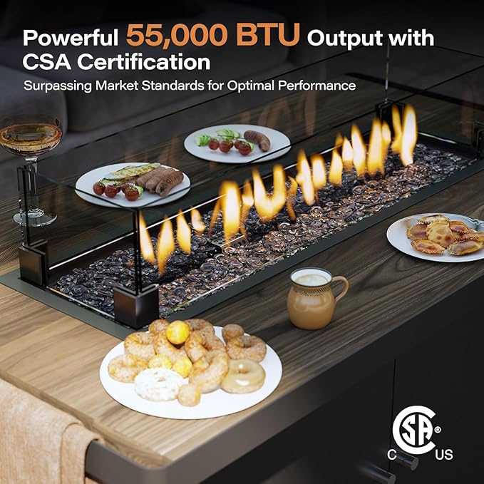 LAUSAINT HOME Propane Fire Pit Table 43 Inch with Lid, 55,000 BTU Gas Fire Pits for Outside Patio with Glass Wind Guard, Gray Glass Beads
