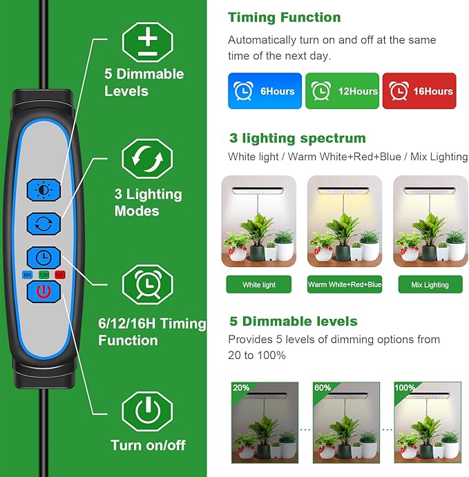 Wiaxulay Grow Lights, Full Spectrum Plant Light for Indoor Plants, Height Adjustable Desktop Grow Lamp with Auto Timer 6/12/16Hrs, 3 Lighting Modes,5 Brightness,Ideal for Indoor Plants, 2 Pack