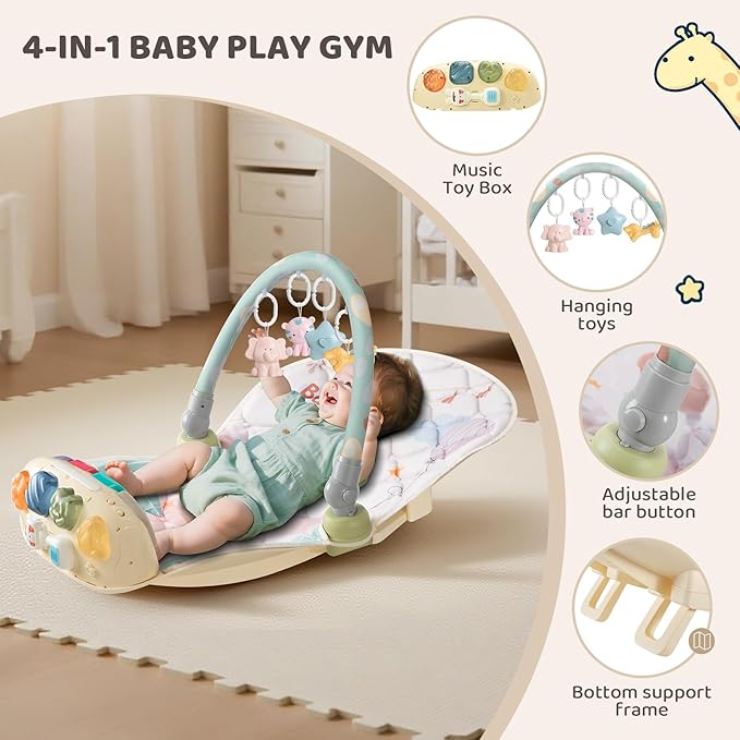Baby Play Gym Mat with Multifunction Piano Music Box, Rocking Egg-Shaped Baby Activity Gym, Baby mat for floor with 4 Hanging Sensory Baby Toys, Early Sensory Development Play Mat for Infant & Newborn