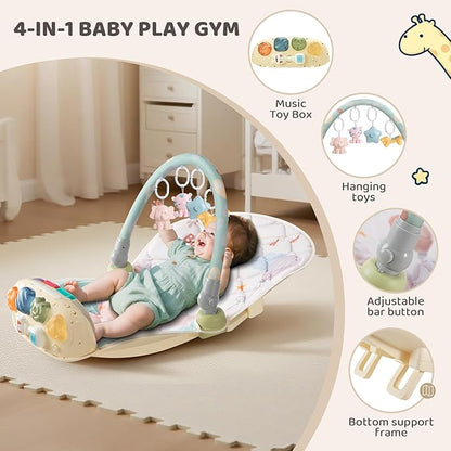 Baby Play Gym Mat with Multifunction Piano Music Box, Rocking Egg-Shaped Baby Activity Gym, Baby mat for floor with 4 Hanging Sensory Baby Toys, Early Sensory Development Play Mat for Infant & Newborn
