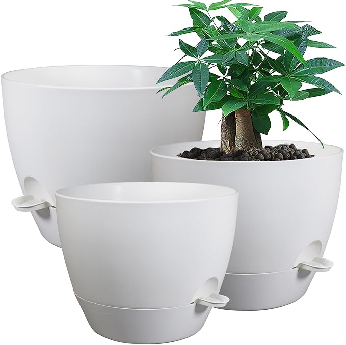 Large Self Watering Pots, 12/10/9 Plastic Planters with High Drainage Holes and Deep Reservoir for Indoor Outdoor Garden Plants and Flowers, White