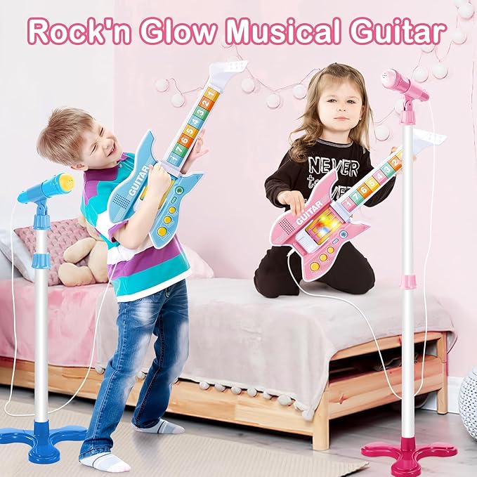 deAO Kids Guitar and Microphone Set with Stand Adjustable Height Music Light Karaoke Music Toys Christmas Birthday Gift for Kids Boys Girls (Pink)