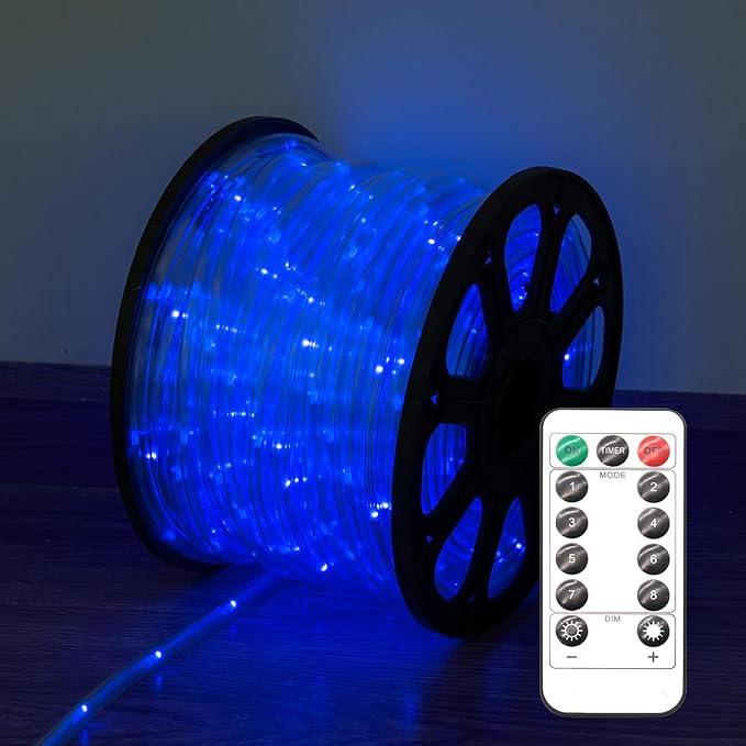 LED Rope Lights for Outside, 20Ft 360°Blue Solar Rope Lights Outdoor Waterproof, 86 LEDs 110V 8 Modes Remote Control Timer Christmas Rope Lights for Party Holiday Garden Decoration (Blue)