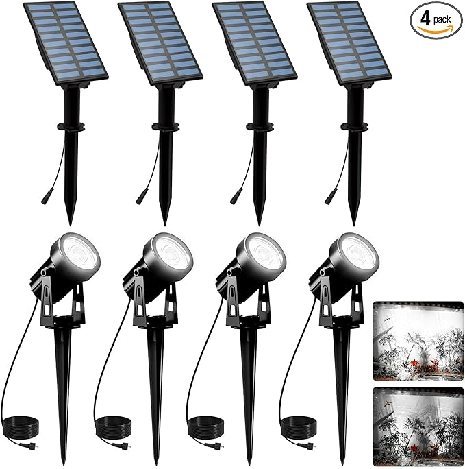 T-SUNUS Solar Spot Lights Outdoor White 4 Pack 6000K, IP65 Waterproof Landscape Spotlights with Separate Solar Panel & 9.8ft Cable Auto On/Off for Flag Pond Trees Driveway Garden Pathway Pool Area