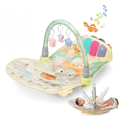 Baby Play Gym Mat with Multifunction Piano Music Box, Rocking Egg-Shaped Baby Activity Gym, Baby mat for floor with 4 Hanging Sensory Baby Toys, Early Sensory Development Play Mat for Infant & Newborn