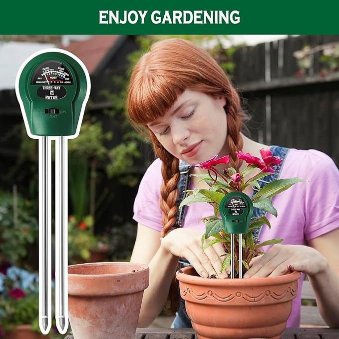 3-in-1 Soil pH Meter - Moisture, Light, and pH Tester for Garden, Lawn, Farm, Indoor & Outdoor Plant Care, Green