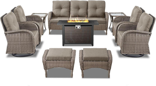 Expansive 10 Pieces Outdoor Patio Furniture Set with 43” Propane Fire Pit Table, Patio Conversation Set with Swivel Rocker Outdoor Chairs Set of 4 and Sofa, Ottoman and Wicker Side Table Gray