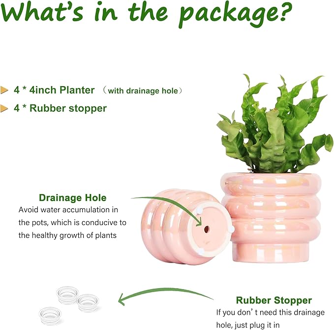 4.1 inch 4 pcs Ceramic Plant Pots for Indoor Plants, Rainbow Pearl Glaze Planter with Planters for Plants with Drainage Hole, Orchid Pots, Succulent Pot, Small Flower Pot (Pink)