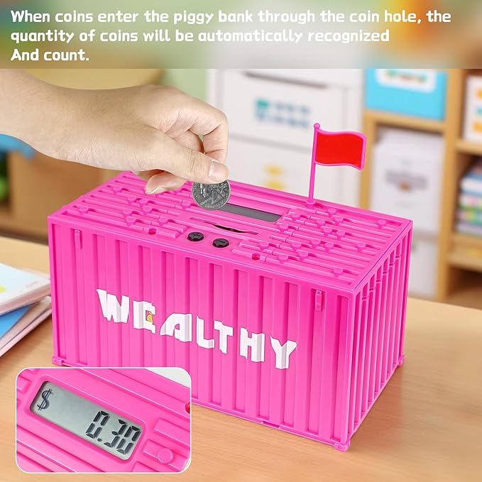 Piggy Bank for Kids, Unbreakable Building Blocks Container Money Saving Box for Adults, Digital Coin Counting Bank with LCD Counter, Great Children’s Gifts for Birthday, Easter, Christmas Pink