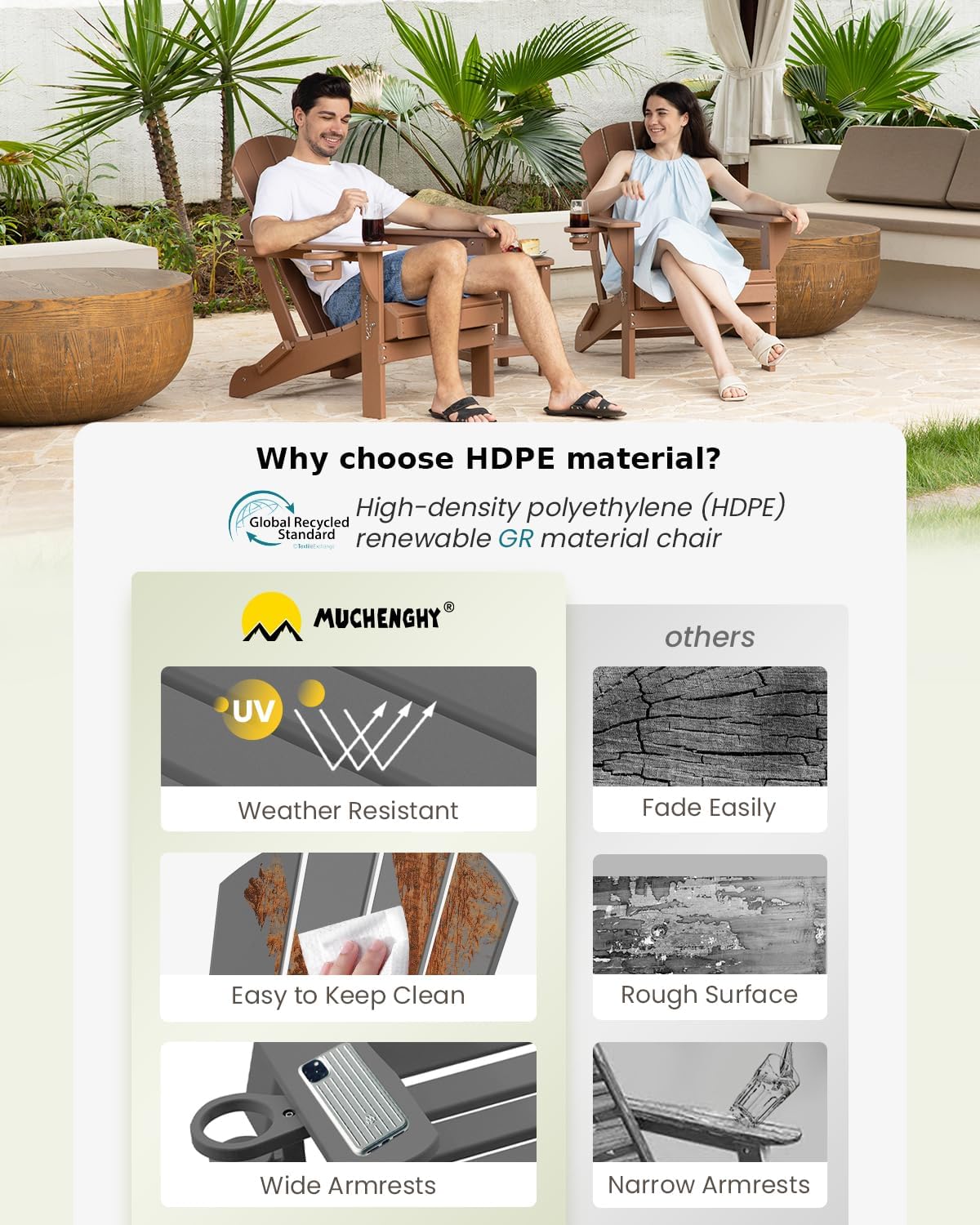 MUCHENGHY Folding Adirondack Chairs HDPE Weather Resistant 4 Pack, Patio Firepit Chairs, Sturdy Outside Chairs, Lawn Chairs, 15min Assembly 380lb Grey