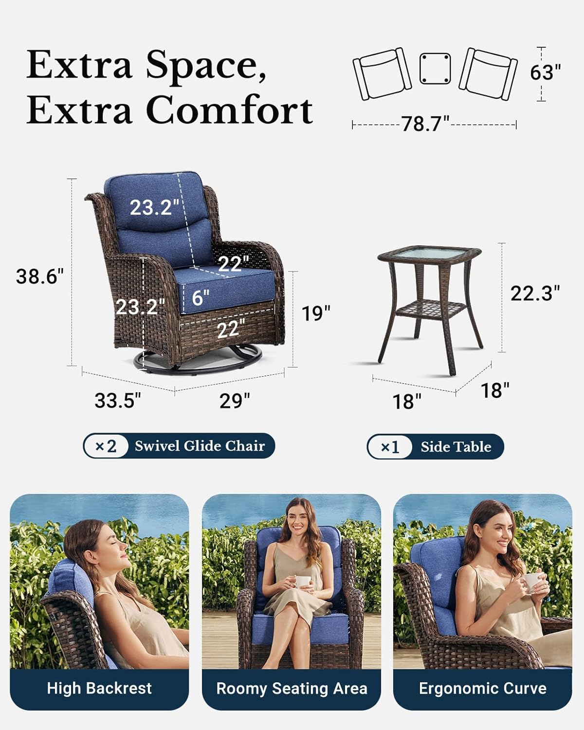 HILLGA Luxury Patio Furniture Set with 6-inch Thick Cushion, Outdoor High Back Swivel Rocker Patio Chairs, 3PCS Wicker Conversation Set for Deck Yard and Poolside, Blue (V2)