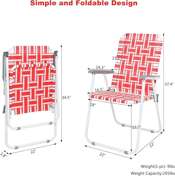 VINGLI Patio Lawn Webbed Folding Chairs Set of 4, Outdoor Beach Chair Portable Dining Chair for ir for Outdoor Yard, Garden(Red, Classic)
