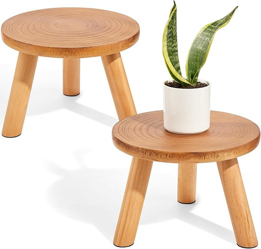 Yanbaga 2 Pack Wood Plant Stand Indoor,11-12" Mid Century Modern Plant Stand Holder with Growth Ring,Plant Stool Display Stand for Flower Pots ,Outdoor, Garden,Patio