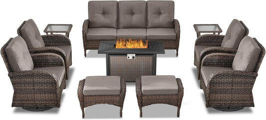 Expansive 10 Pieces Outdoor Patio Furniture Set with 43” Propane Fire Pit Table, Patio Conversation Set with Swivel Rocker Outdoor Chairs Set of 4 and Sofa, Ottoman and Wicker Side Table Brown